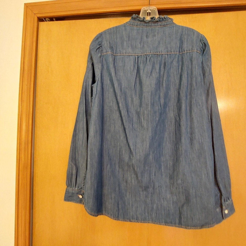 Talbots Wms Ruffle Collar Denim Popover Cotton Shirt Sparkle Buttons L NEW! $100 - Picture 11 of 13